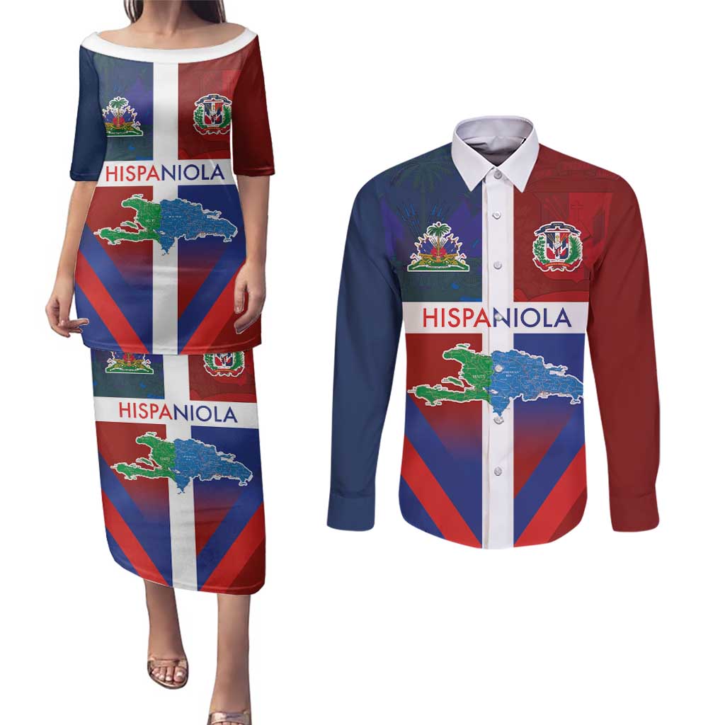 Haiti and Dominican Republic Couples Matching Puletasi and Long Sleeve Button Shirt Hispaniola with Emblems and Flag Style