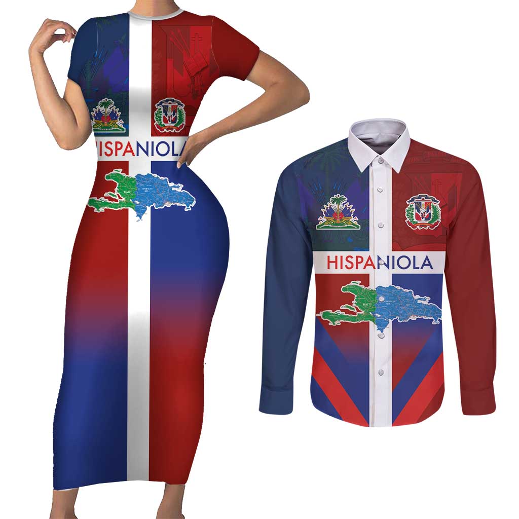 Haiti and Dominican Republic Couples Matching Short Sleeve Bodycon Dress and Long Sleeve Button Shirt Hispaniola with Emblems and Flag Style