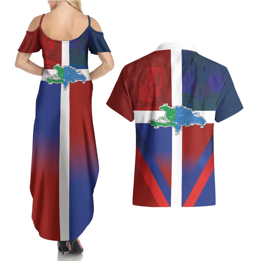 Haiti and Dominican Republic Couples Matching Summer Maxi Dress and Hawaiian Shirt Hispaniola with Emblems and Flag Style