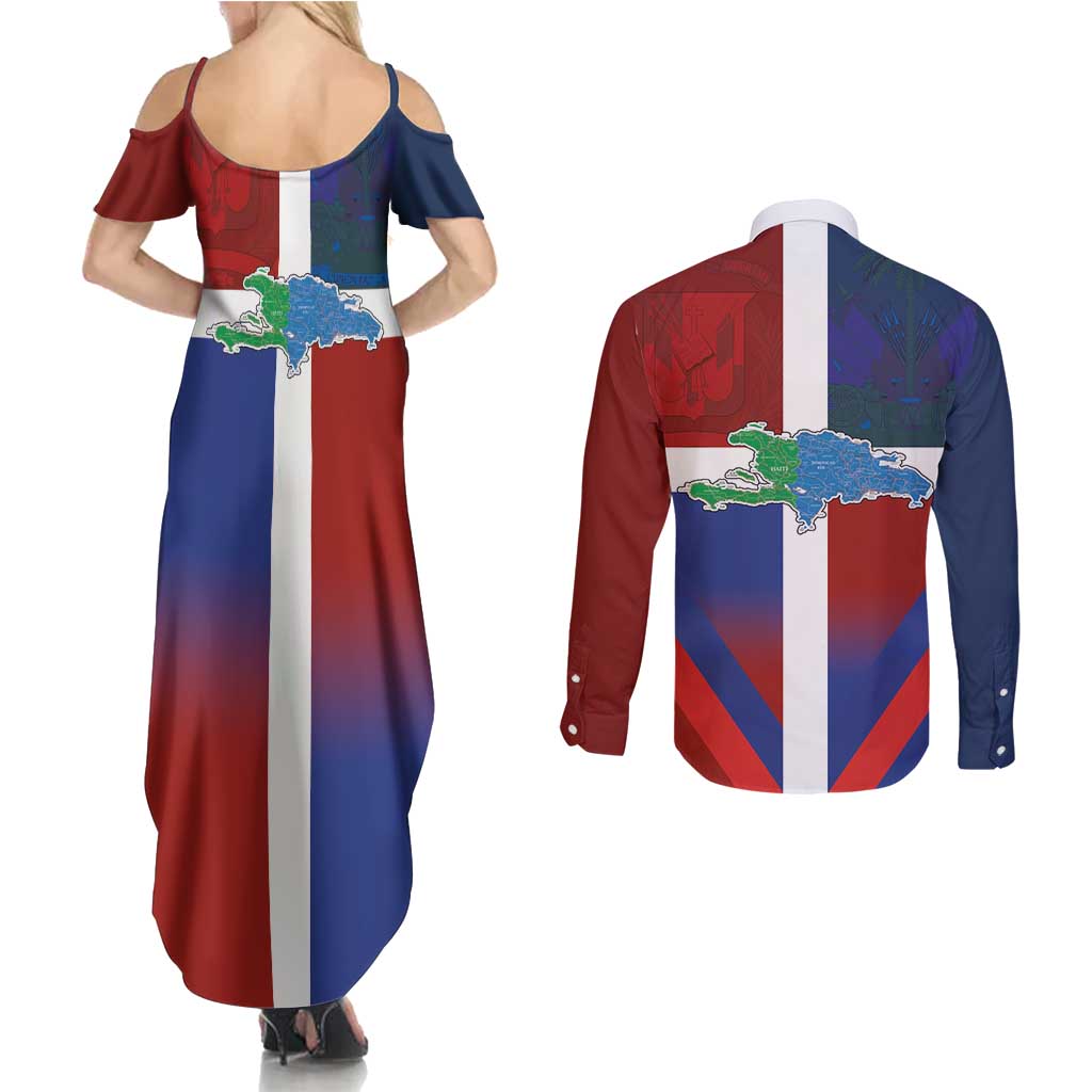 Haiti and Dominican Republic Couples Matching Summer Maxi Dress and Long Sleeve Button Shirt Hispaniola with Emblems and Flag Style