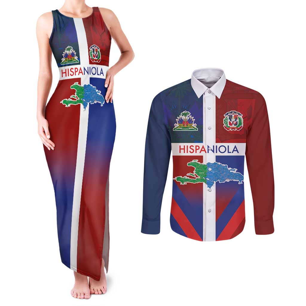 Haiti and Dominican Republic Couples Matching Tank Maxi Dress and Long Sleeve Button Shirt Hispaniola with Emblems and Flag Style