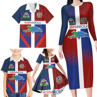 Haiti and Dominican Republic Family Matching Long Sleeve Bodycon Dress and Hawaiian Shirt Hispaniola with Emblems and Flag Style