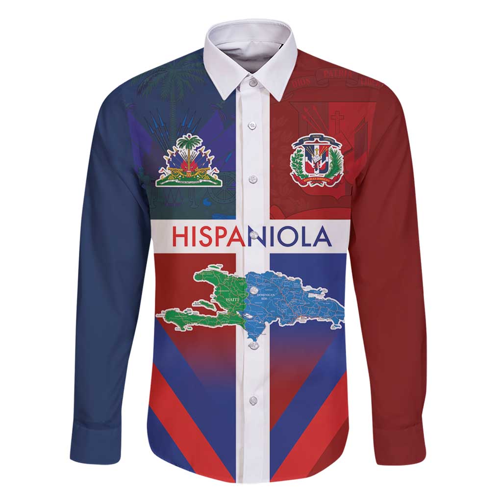 Haiti and Dominican Republic Family Matching Long Sleeve Bodycon Dress and Hawaiian Shirt Hispaniola with Emblems and Flag Style