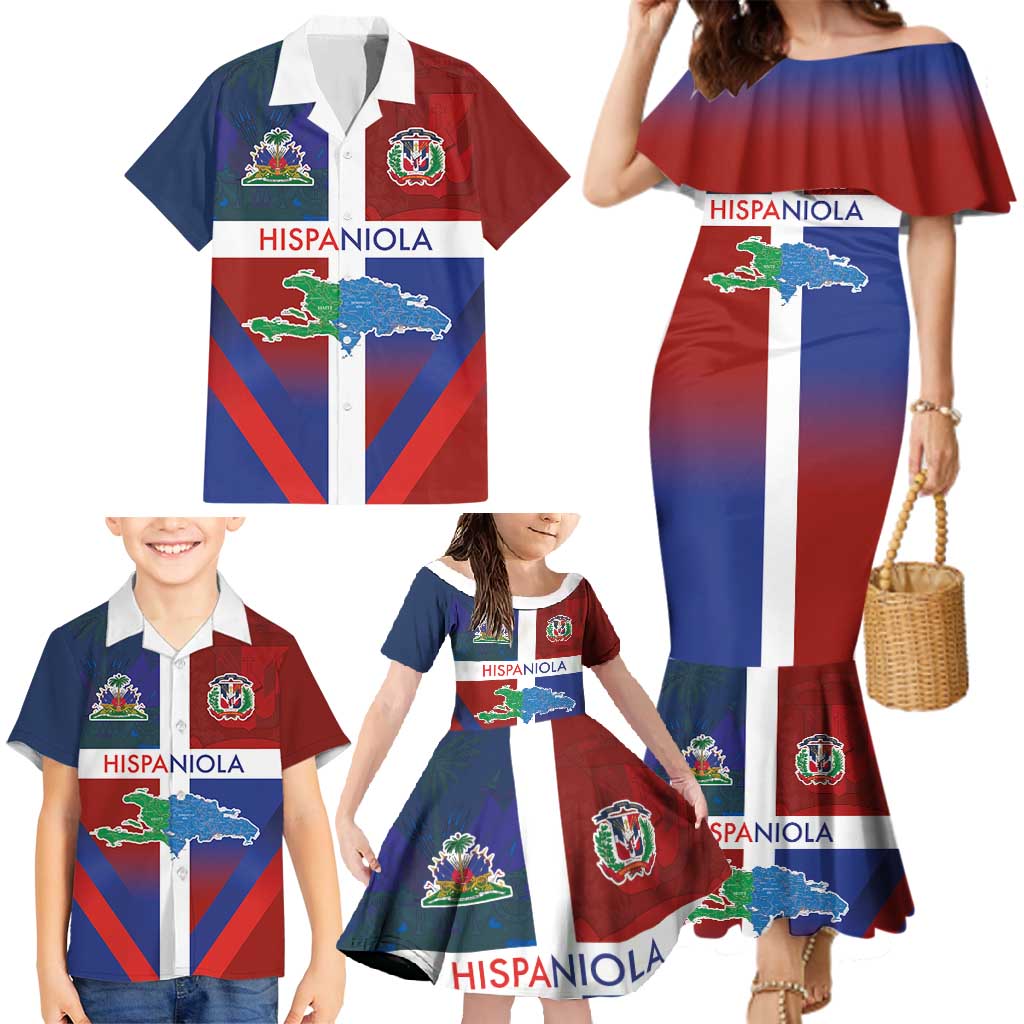 Haiti and Dominican Republic Family Matching Mermaid Dress and Hawaiian Shirt Hispaniola with Emblems and Flag Style