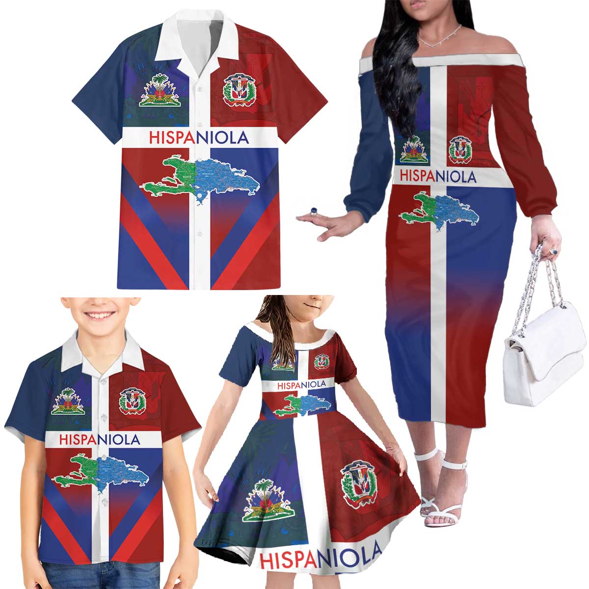 Haiti and Dominican Republic Family Matching Off The Shoulder Long Sleeve Dress and Hawaiian Shirt Hispaniola with Emblems and Flag Style