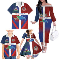 Haiti and Dominican Republic Family Matching Off The Shoulder Long Sleeve Dress and Hawaiian Shirt Hispaniola with Emblems and Flag Style
