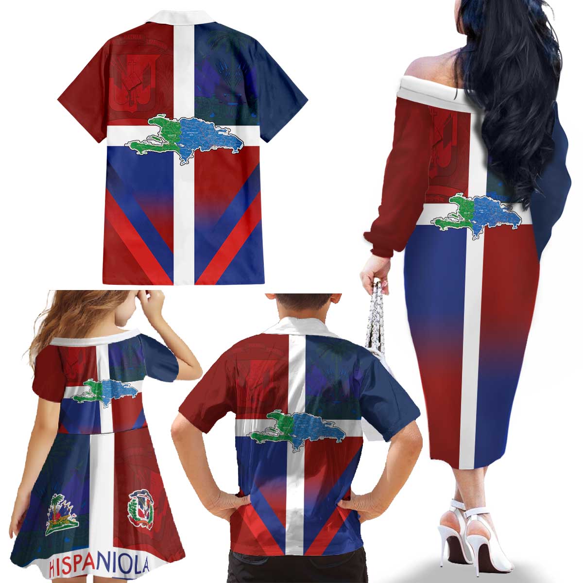 Haiti and Dominican Republic Family Matching Off The Shoulder Long Sleeve Dress and Hawaiian Shirt Hispaniola with Emblems and Flag Style