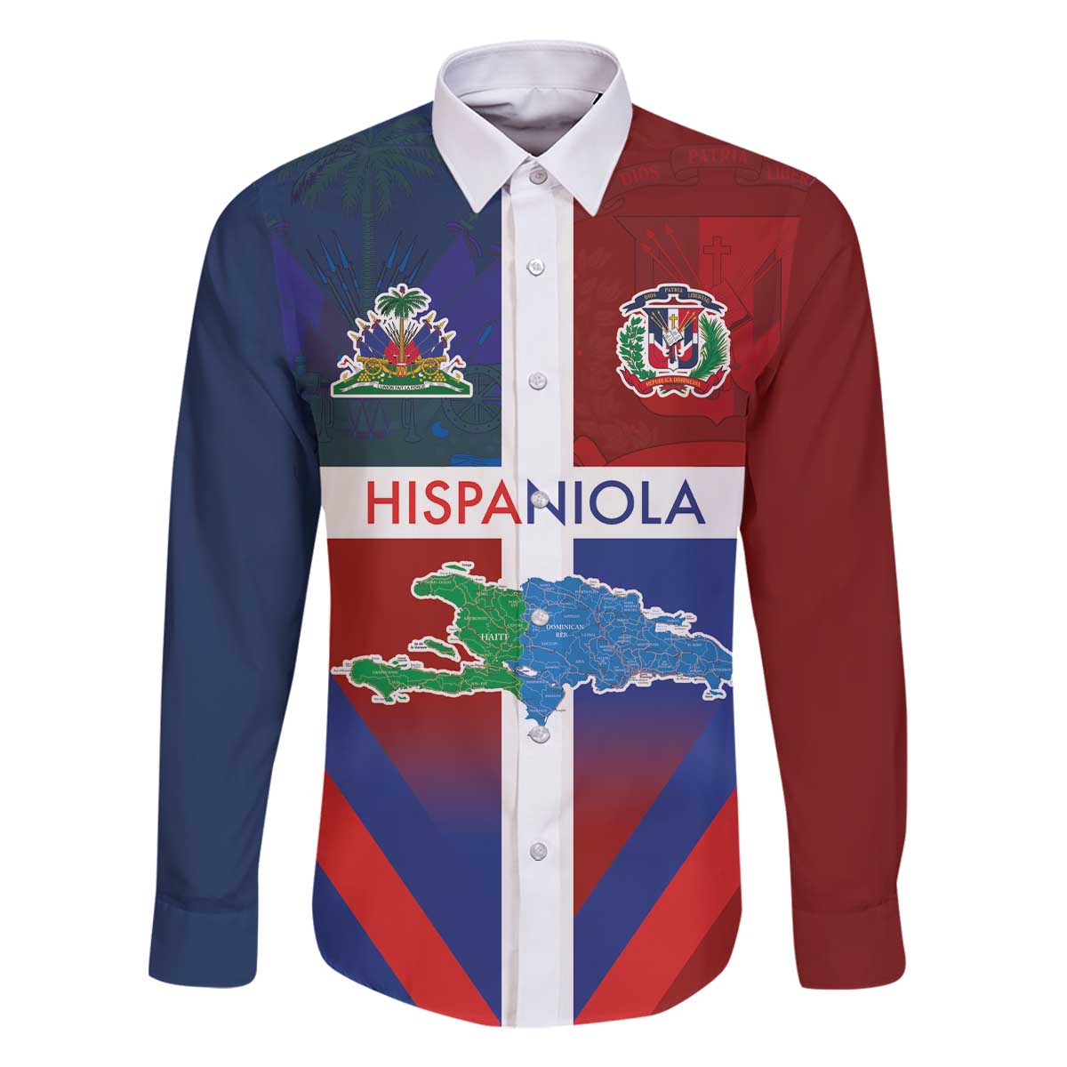 Haiti and Dominican Republic Family Matching Off The Shoulder Long Sleeve Dress and Hawaiian Shirt Hispaniola with Emblems and Flag Style