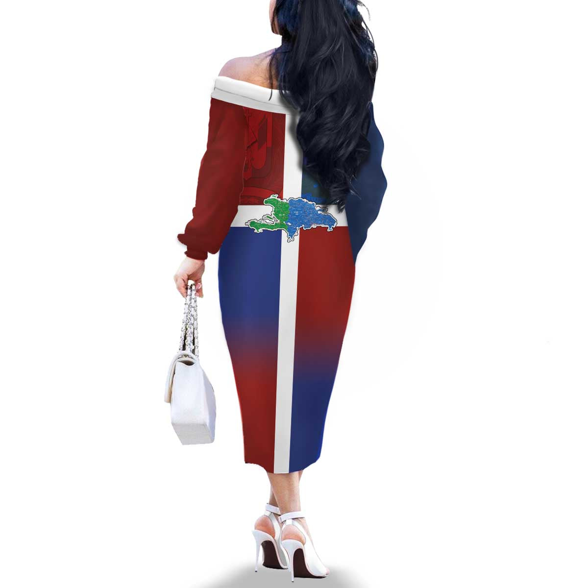 Haiti and Dominican Republic Family Matching Off The Shoulder Long Sleeve Dress and Hawaiian Shirt Hispaniola with Emblems and Flag Style
