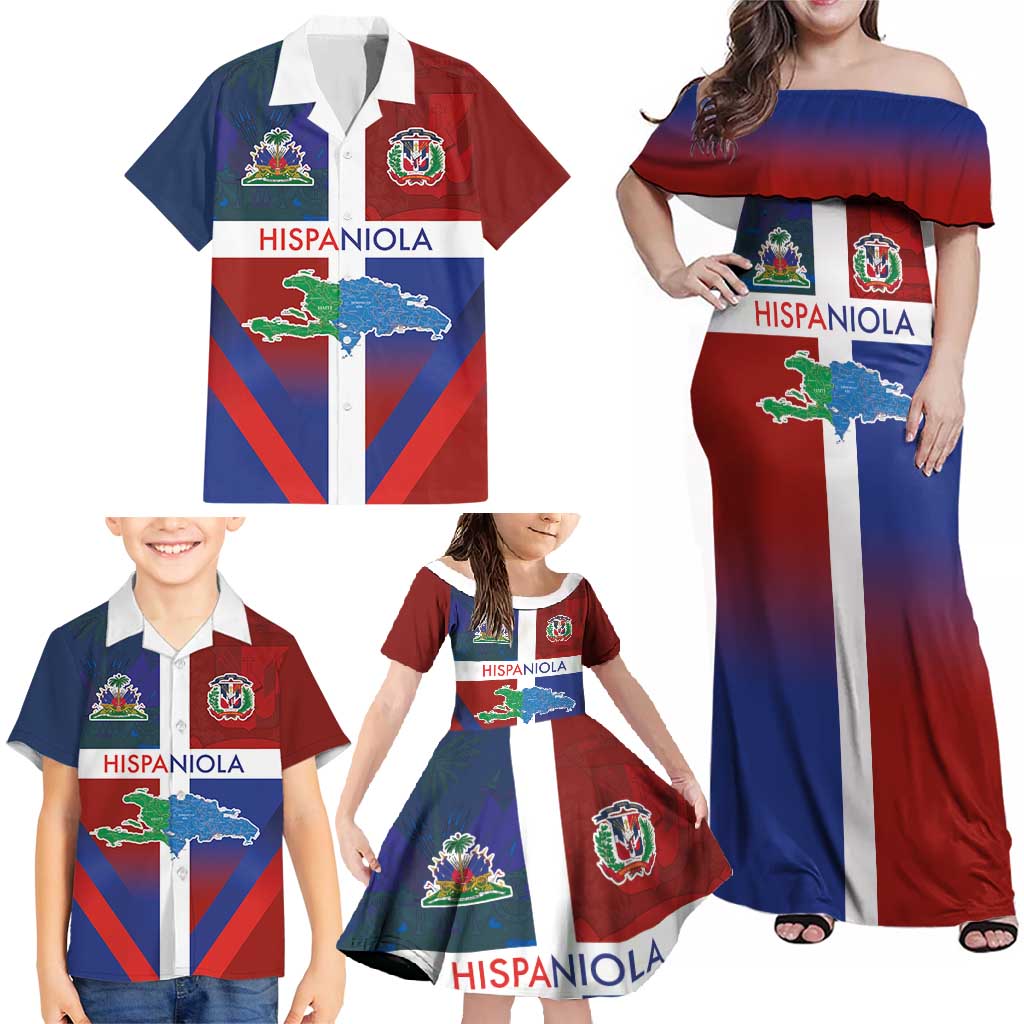 Haiti and Dominican Republic Family Matching Off Shoulder Maxi Dress and Hawaiian Shirt Hispaniola with Emblems and Flag Style