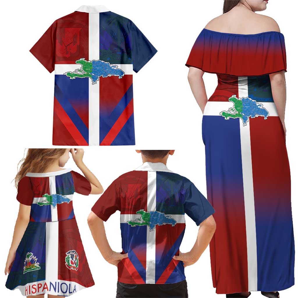 Haiti and Dominican Republic Family Matching Off Shoulder Maxi Dress and Hawaiian Shirt Hispaniola with Emblems and Flag Style