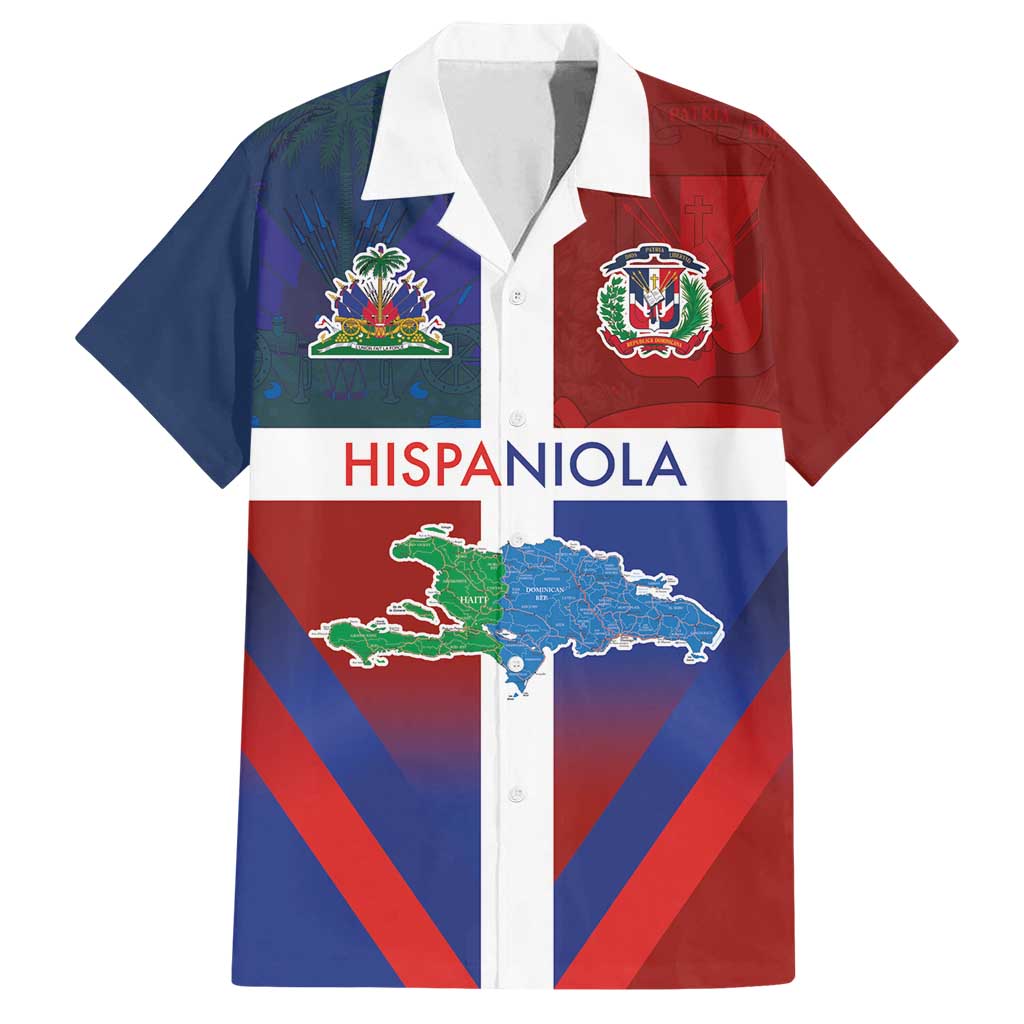 Haiti and Dominican Republic Family Matching Off Shoulder Maxi Dress and Hawaiian Shirt Hispaniola with Emblems and Flag Style