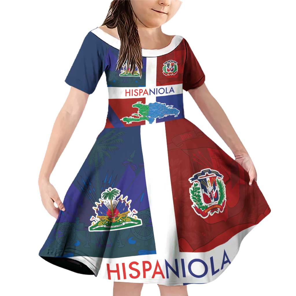 Haiti and Dominican Republic Family Matching Off Shoulder Short Dress and Hawaiian Shirt Hispaniola with Emblems and Flag Style