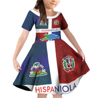 Haiti and Dominican Republic Family Matching Off Shoulder Short Dress and Hawaiian Shirt Hispaniola with Emblems and Flag Style