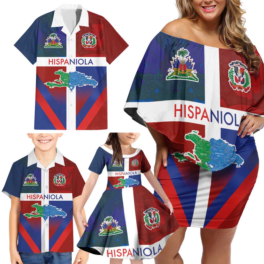 Haiti and Dominican Republic Family Matching Off Shoulder Short Dress and Hawaiian Shirt Hispaniola with Emblems and Flag Style