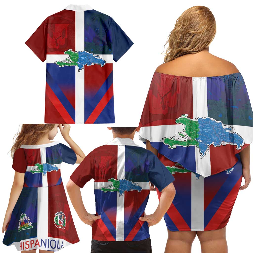 Haiti and Dominican Republic Family Matching Off Shoulder Short Dress and Hawaiian Shirt Hispaniola with Emblems and Flag Style