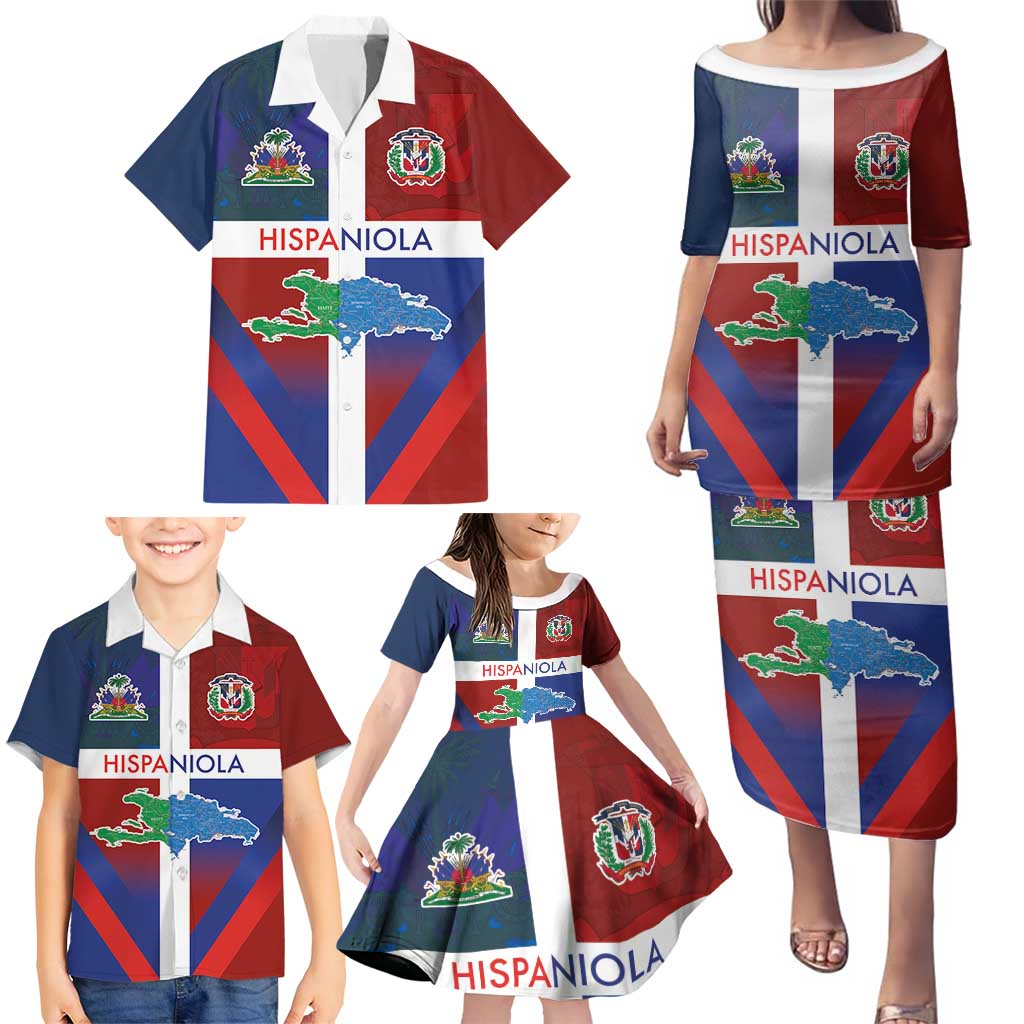 Haiti and Dominican Republic Family Matching Puletasi and Hawaiian Shirt Hispaniola with Emblems and Flag Style