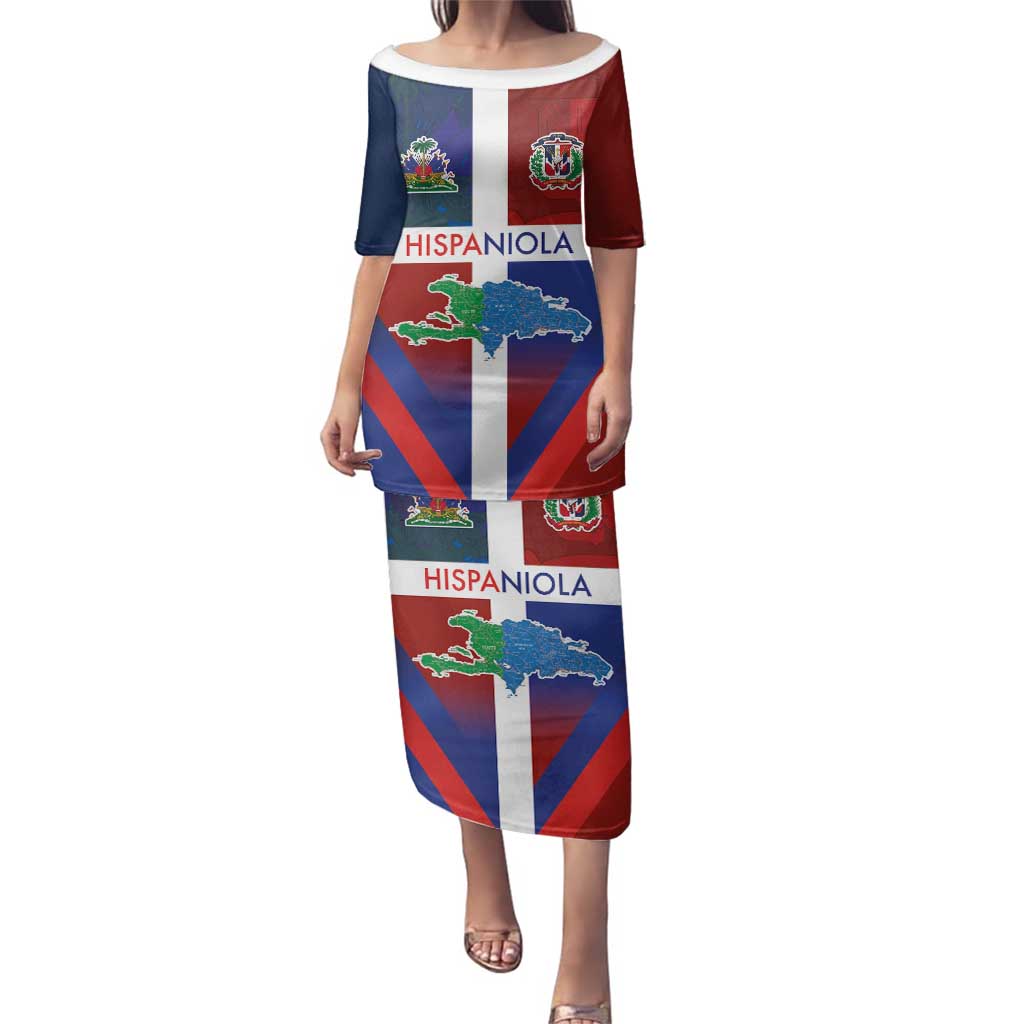 Haiti and Dominican Republic Family Matching Puletasi and Hawaiian Shirt Hispaniola with Emblems and Flag Style