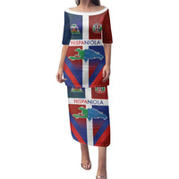 Haiti and Dominican Republic Family Matching Puletasi and Hawaiian Shirt Hispaniola with Emblems and Flag Style