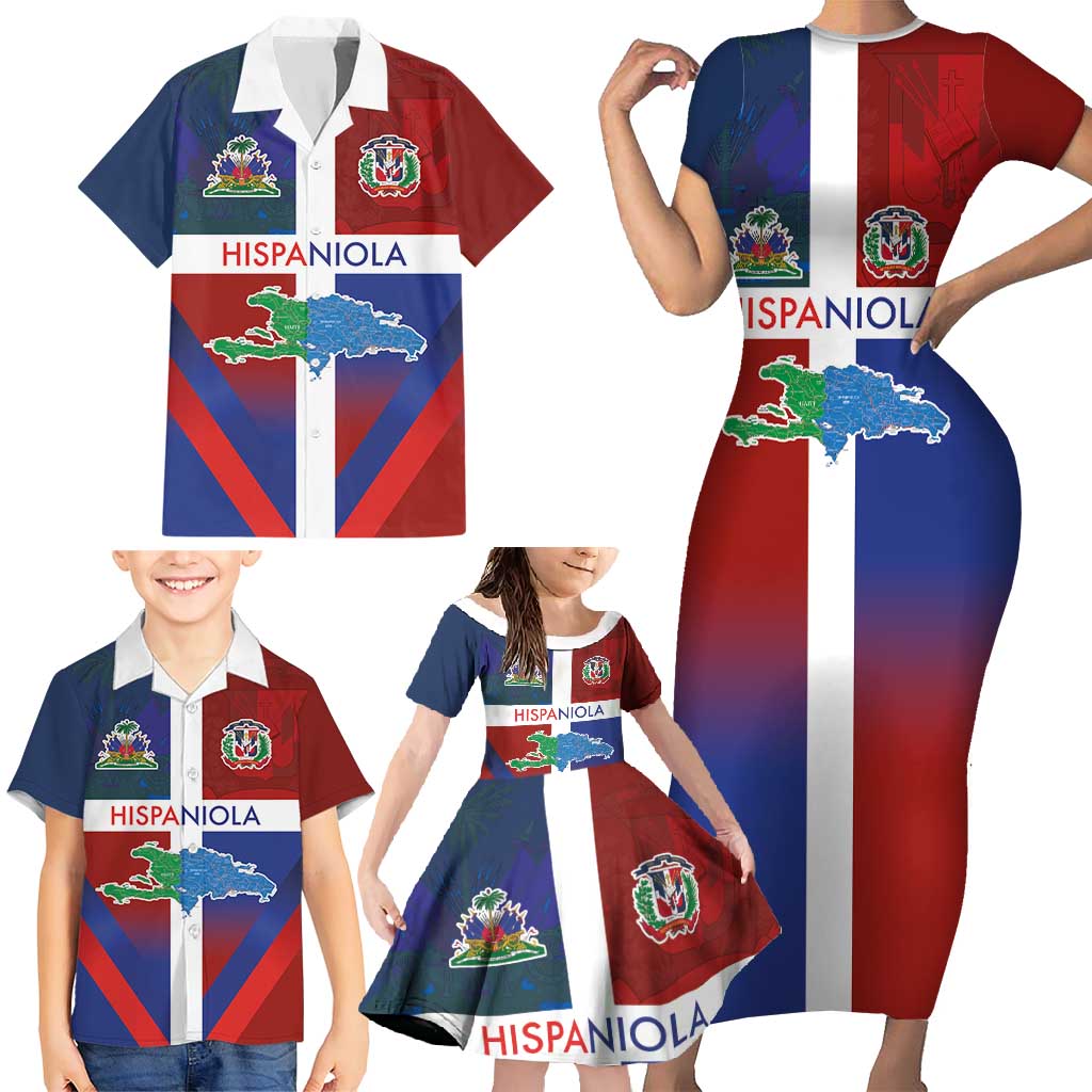 Haiti and Dominican Republic Family Matching Short Sleeve Bodycon Dress and Hawaiian Shirt Hispaniola with Emblems and Flag Style
