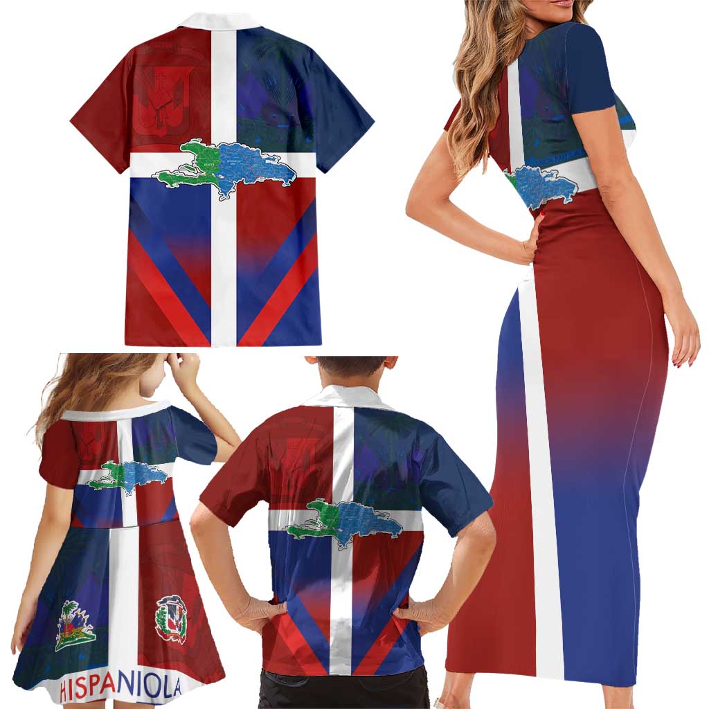 Haiti and Dominican Republic Family Matching Short Sleeve Bodycon Dress and Hawaiian Shirt Hispaniola with Emblems and Flag Style