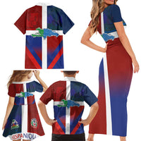 Haiti and Dominican Republic Family Matching Short Sleeve Bodycon Dress and Hawaiian Shirt Hispaniola with Emblems and Flag Style