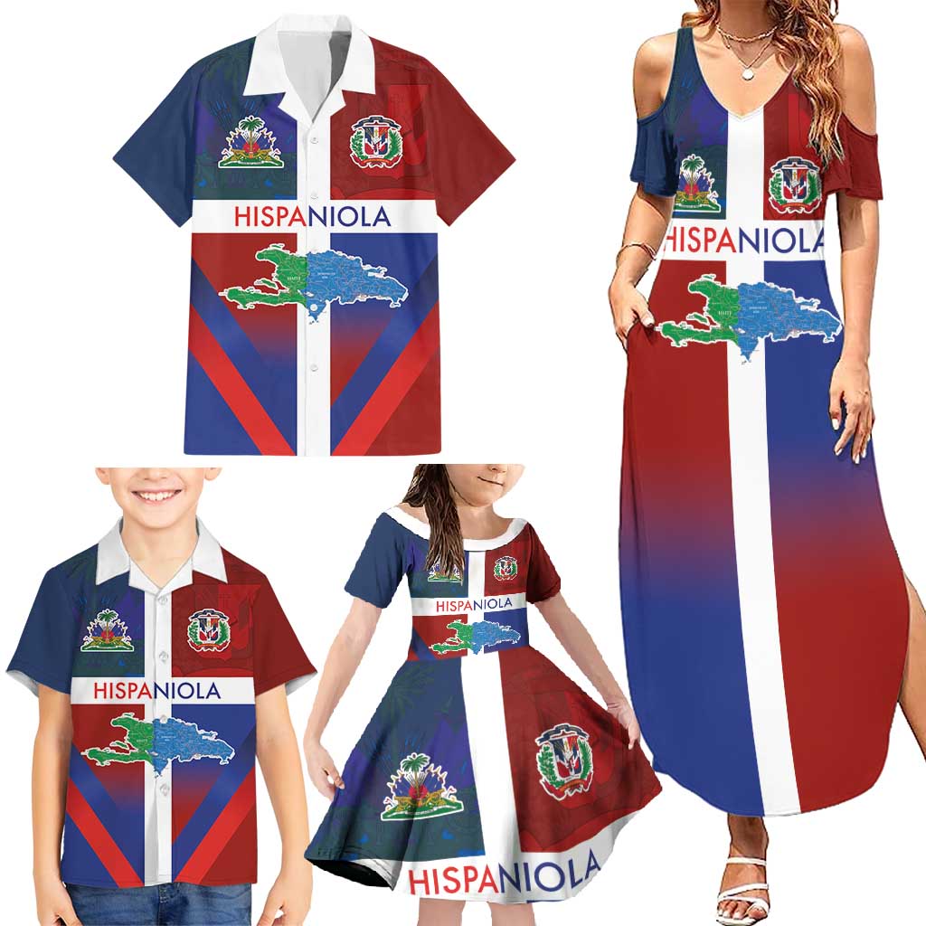 Haiti and Dominican Republic Family Matching Summer Maxi Dress and Hawaiian Shirt Hispaniola with Emblems and Flag Style