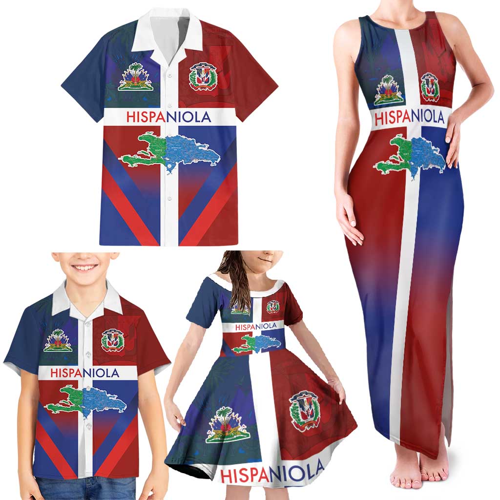 Haiti and Dominican Republic Family Matching Tank Maxi Dress and Hawaiian Shirt Hispaniola with Emblems and Flag Style