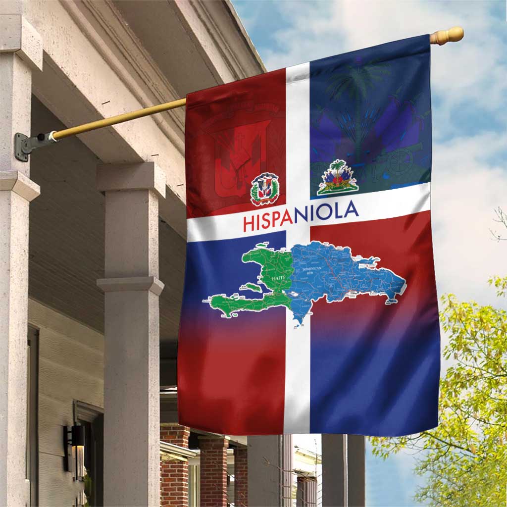 Haiti and Dominican Republic Garden Flag Hispaniola with Emblems and Flag Style