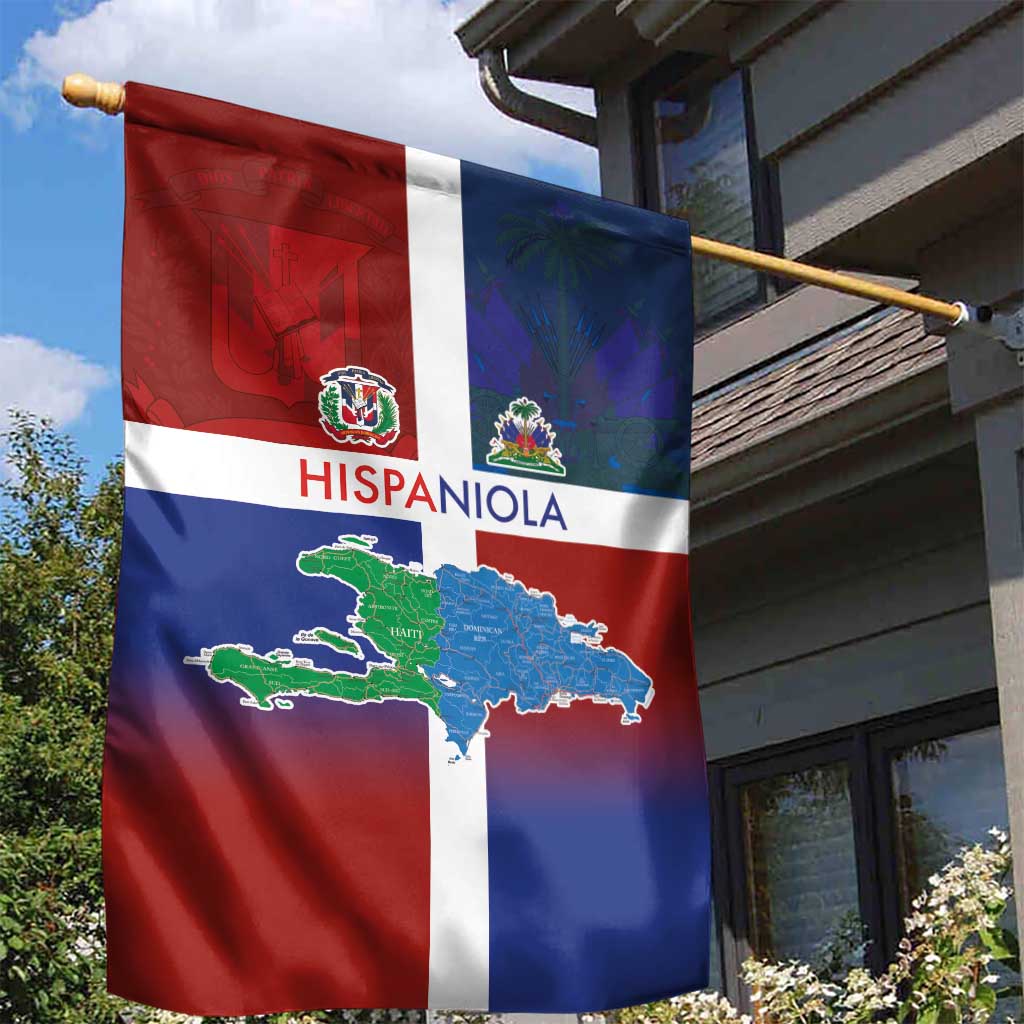Haiti and Dominican Republic Garden Flag Hispaniola with Emblems and Flag Style