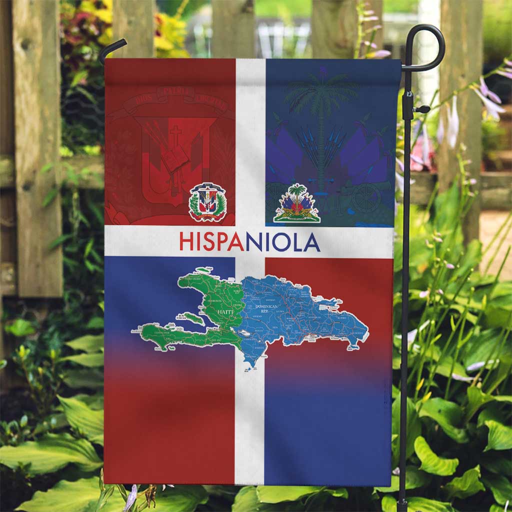 Haiti and Dominican Republic Garden Flag Hispaniola with Emblems and Flag Style