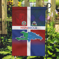 Haiti and Dominican Republic Garden Flag Hispaniola with Emblems and Flag Style