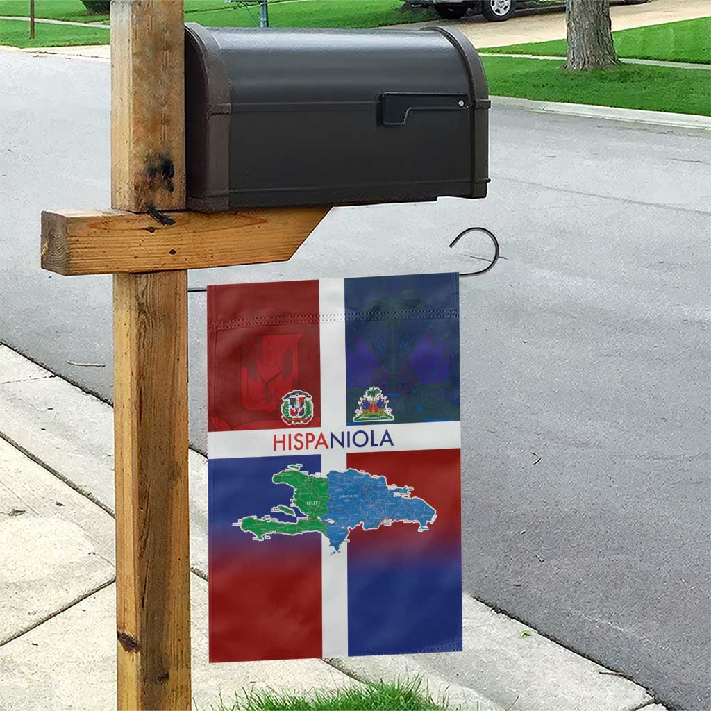 Haiti and Dominican Republic Garden Flag Hispaniola with Emblems and Flag Style