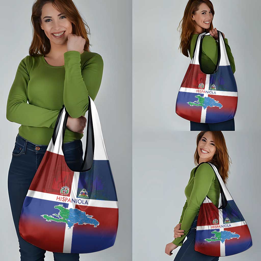 Haiti and Dominican Republic Grocery Bag Hispaniola with Emblems and Flag Style