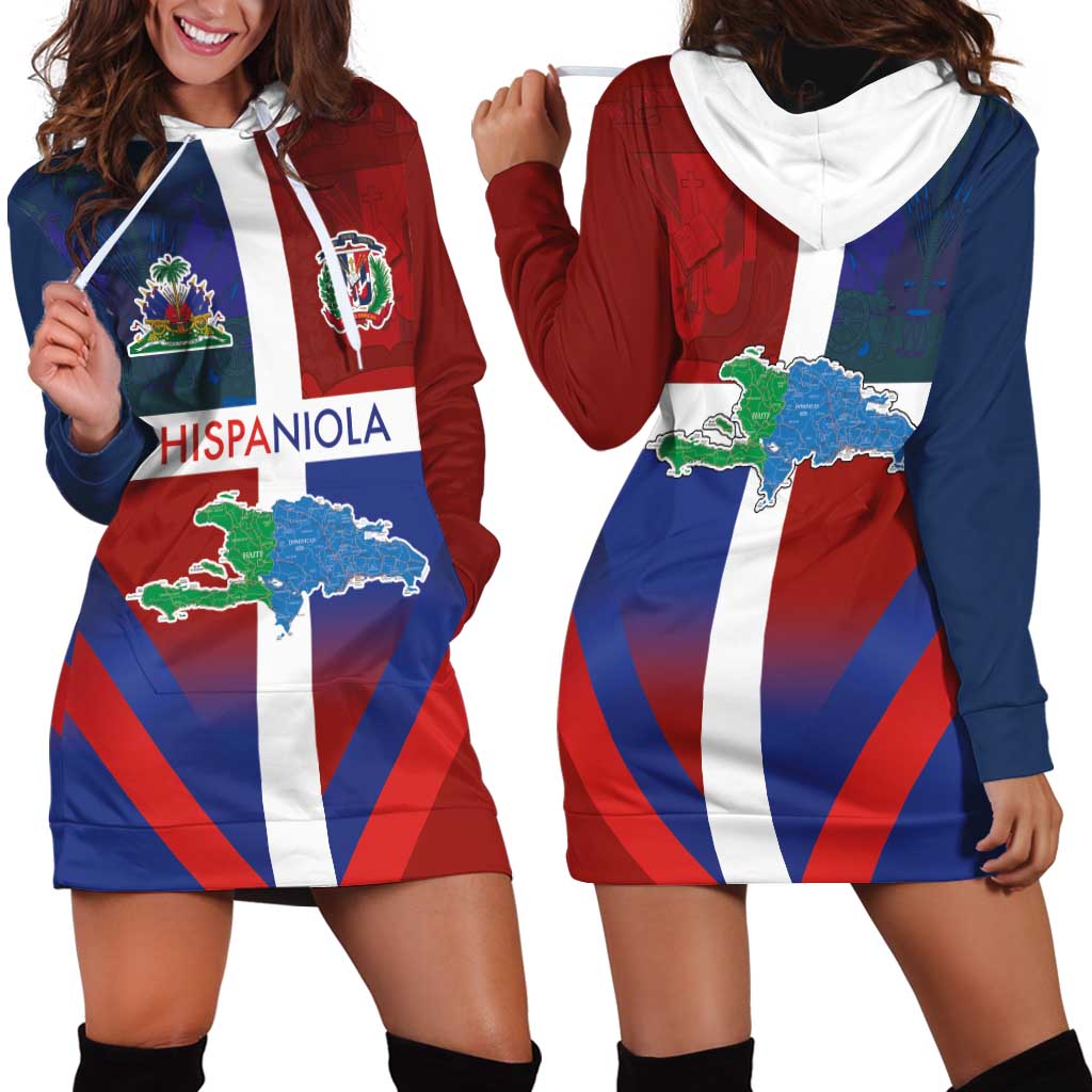 Haiti and Dominican Republic Hoodie Dress Hispaniola with Emblems and Flag Style