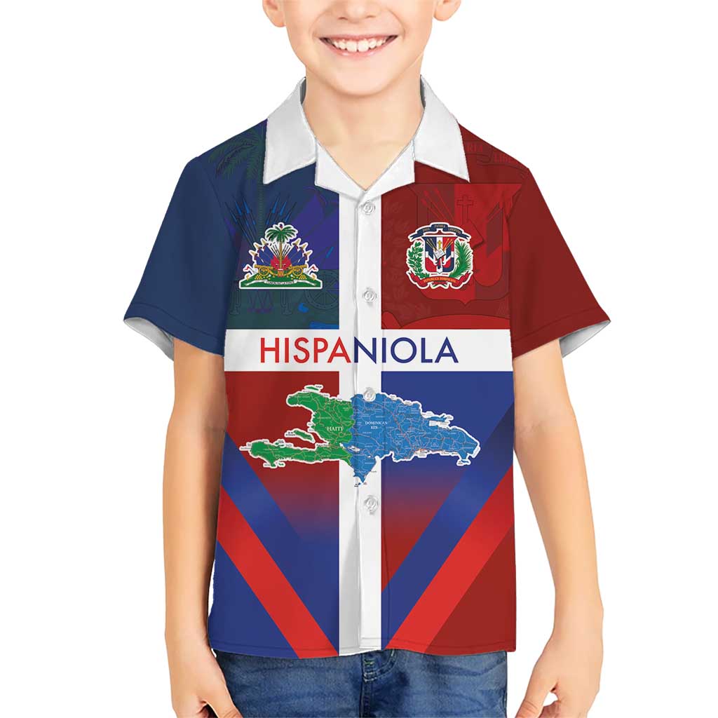Haiti and Dominican Republic Kid Hawaiian Shirt Hispaniola with Emblems and Flag Style