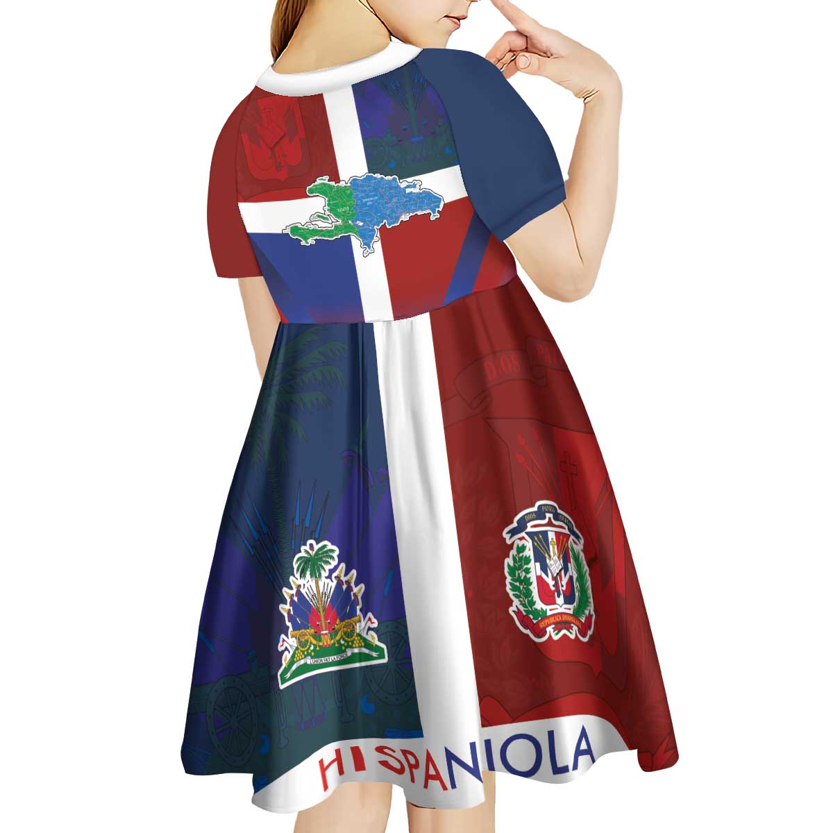 Haiti and Dominican Republic Kid Short Sleeve Dress Hispaniola with Emblems and Flag Style