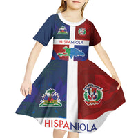Haiti and Dominican Republic Kid Short Sleeve Dress Hispaniola with Emblems and Flag Style
