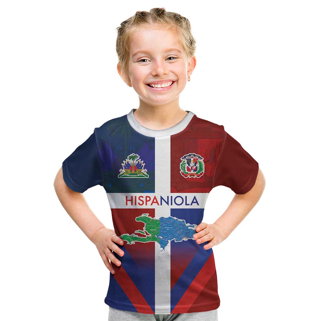 Haiti and Dominican Republic Kid T Shirt Hispaniola with Emblems and Flag Style