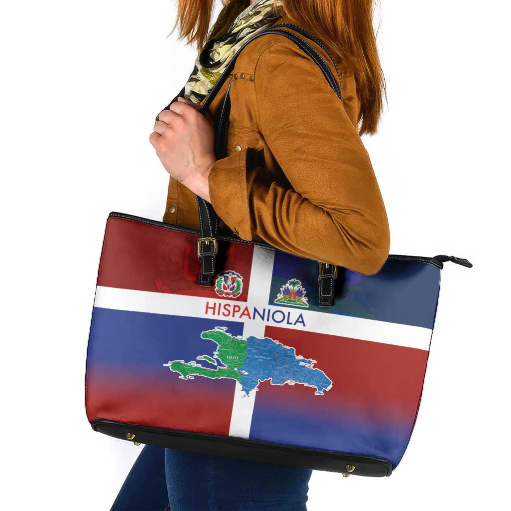 Haiti and Dominican Republic Leather Tote Bag Hispaniola with Emblems and Flag Style