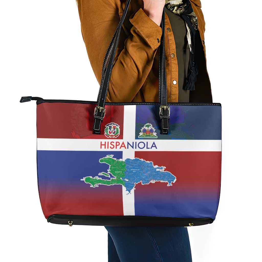 Haiti and Dominican Republic Leather Tote Bag Hispaniola with Emblems and Flag Style