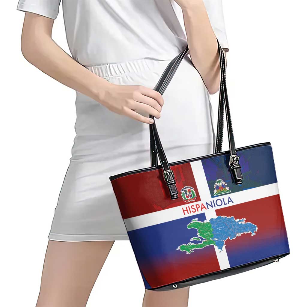 Haiti and Dominican Republic Leather Tote Bag Hispaniola with Emblems and Flag Style