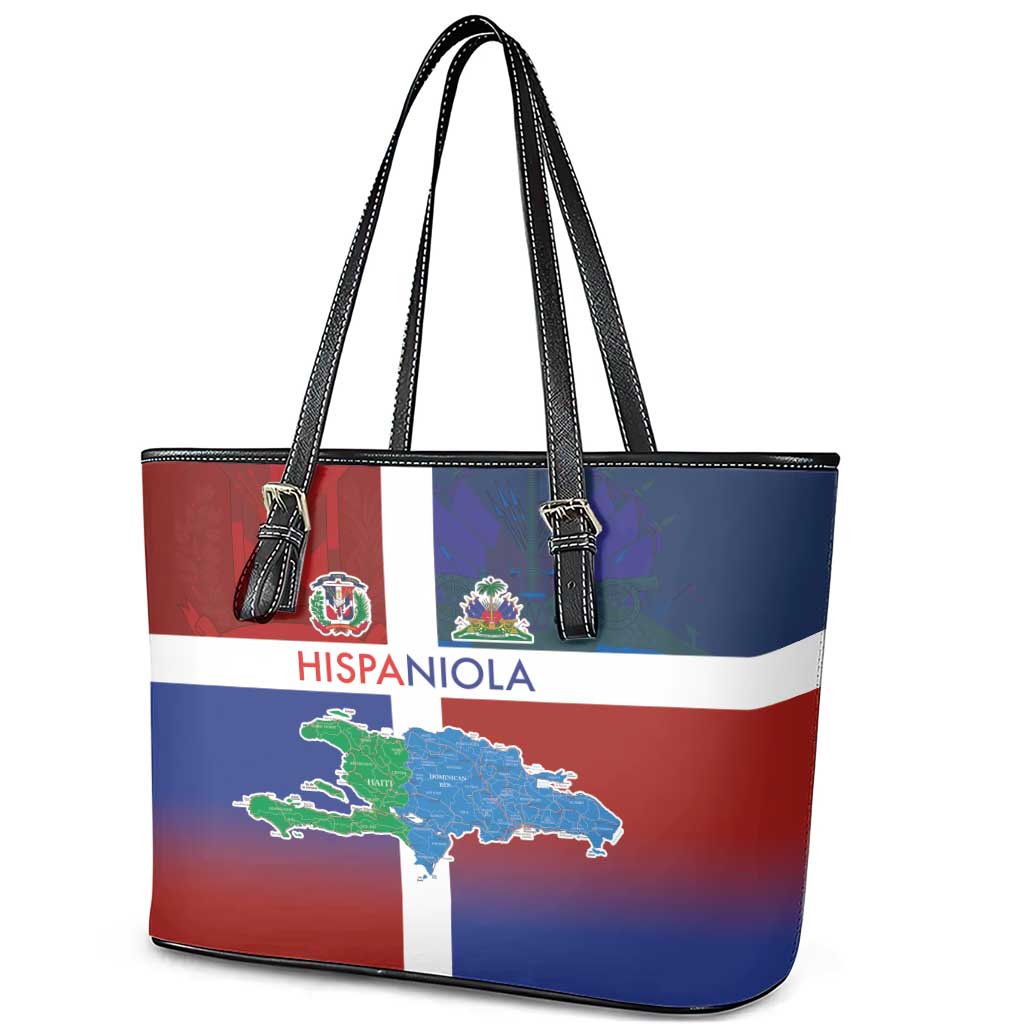 Haiti and Dominican Republic Leather Tote Bag Hispaniola with Emblems and Flag Style