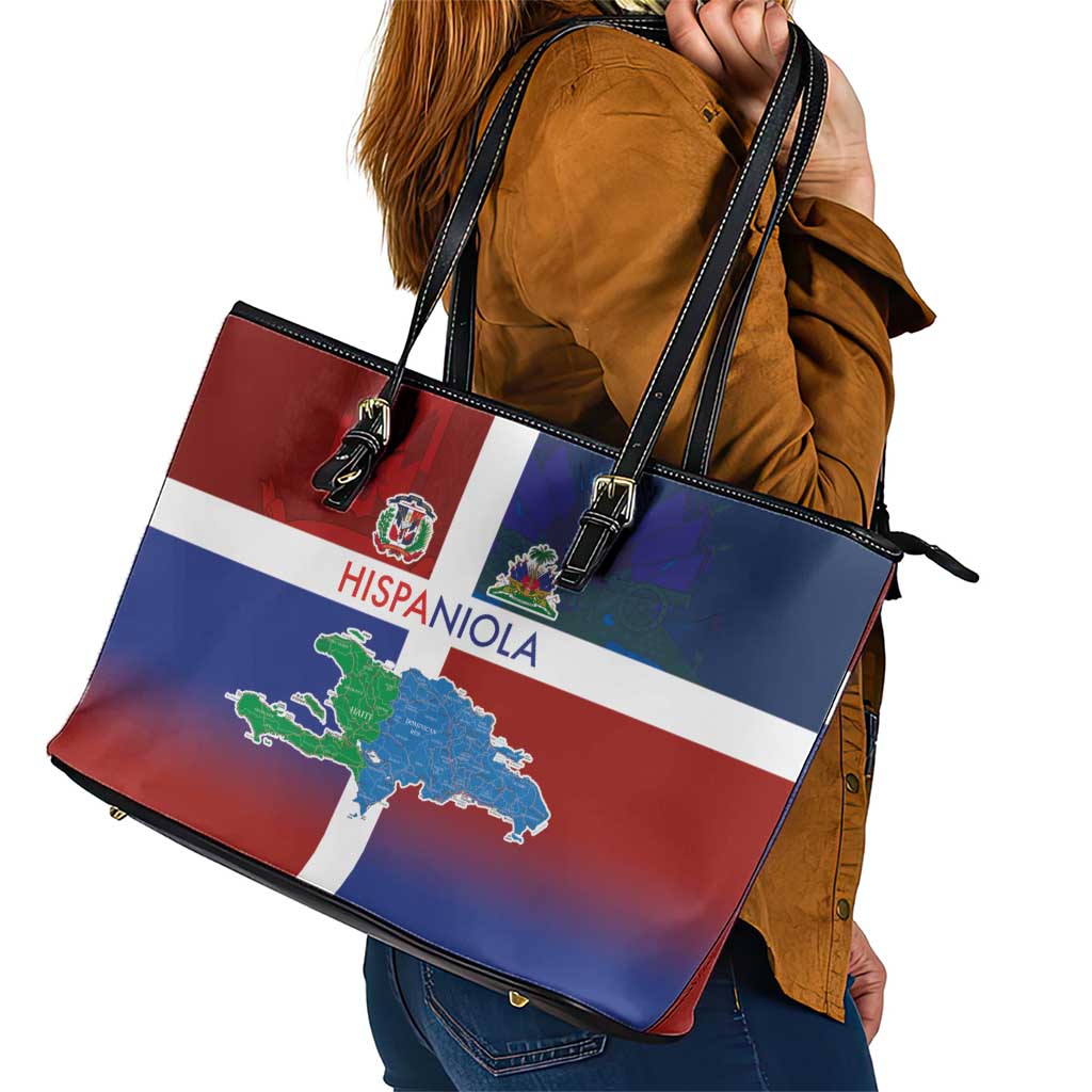Haiti and Dominican Republic Leather Tote Bag Hispaniola with Emblems and Flag Style