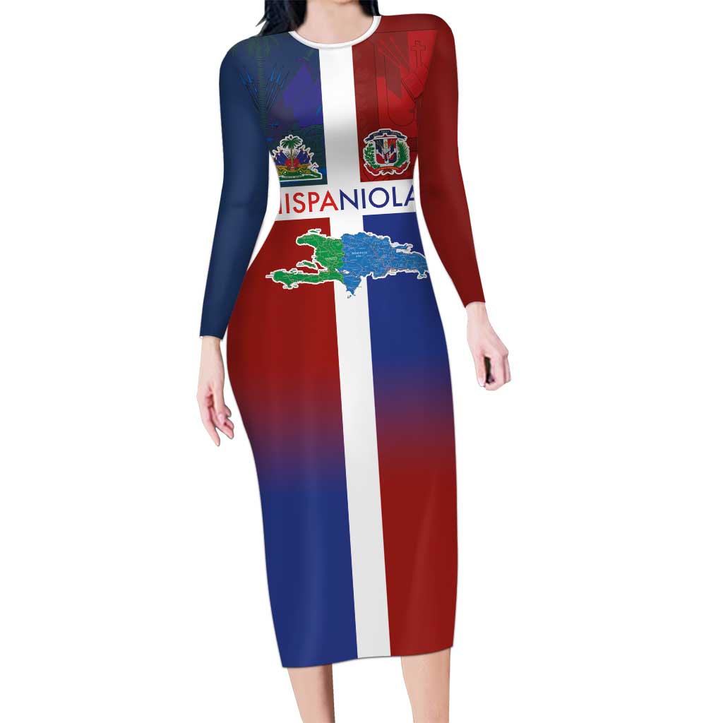 Haiti and Dominican Republic Long Sleeve Bodycon Dress Hispaniola with Emblems and Flag Style