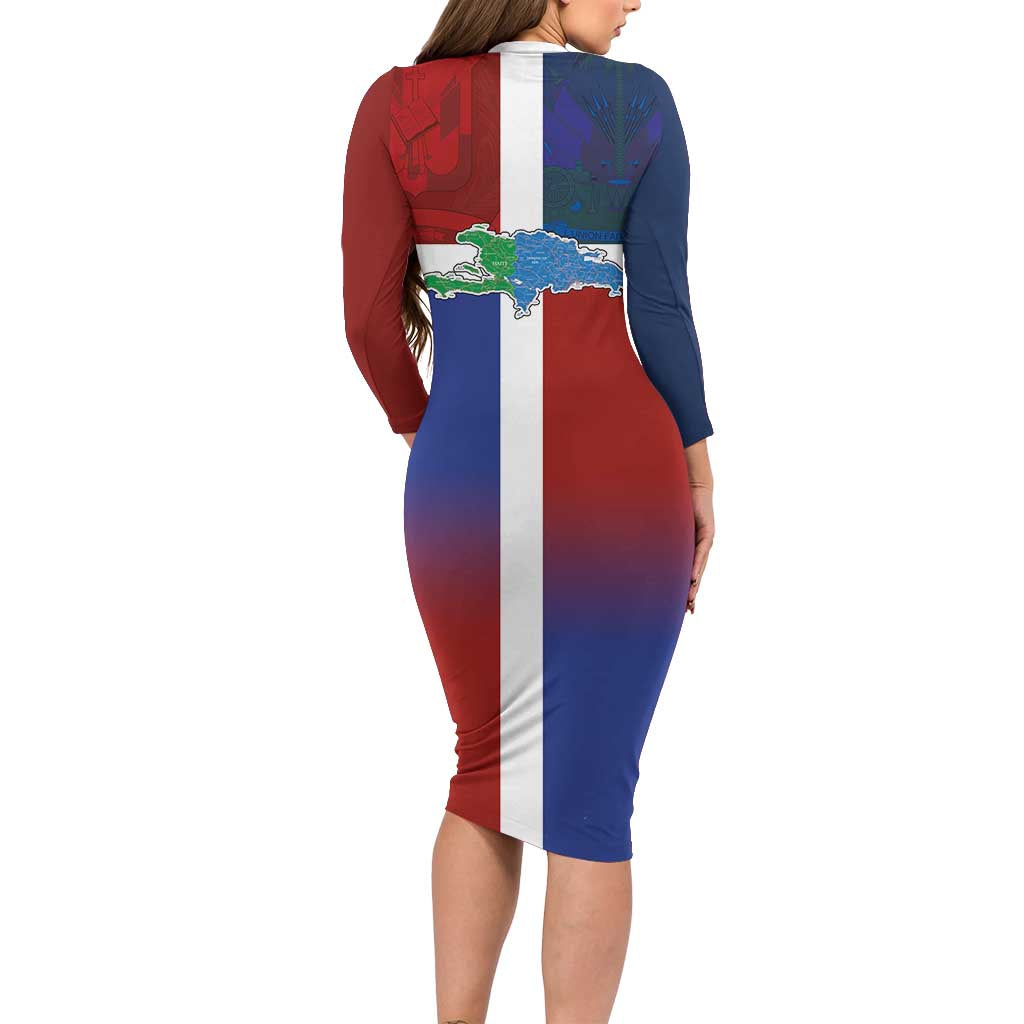 Haiti and Dominican Republic Long Sleeve Bodycon Dress Hispaniola with Emblems and Flag Style