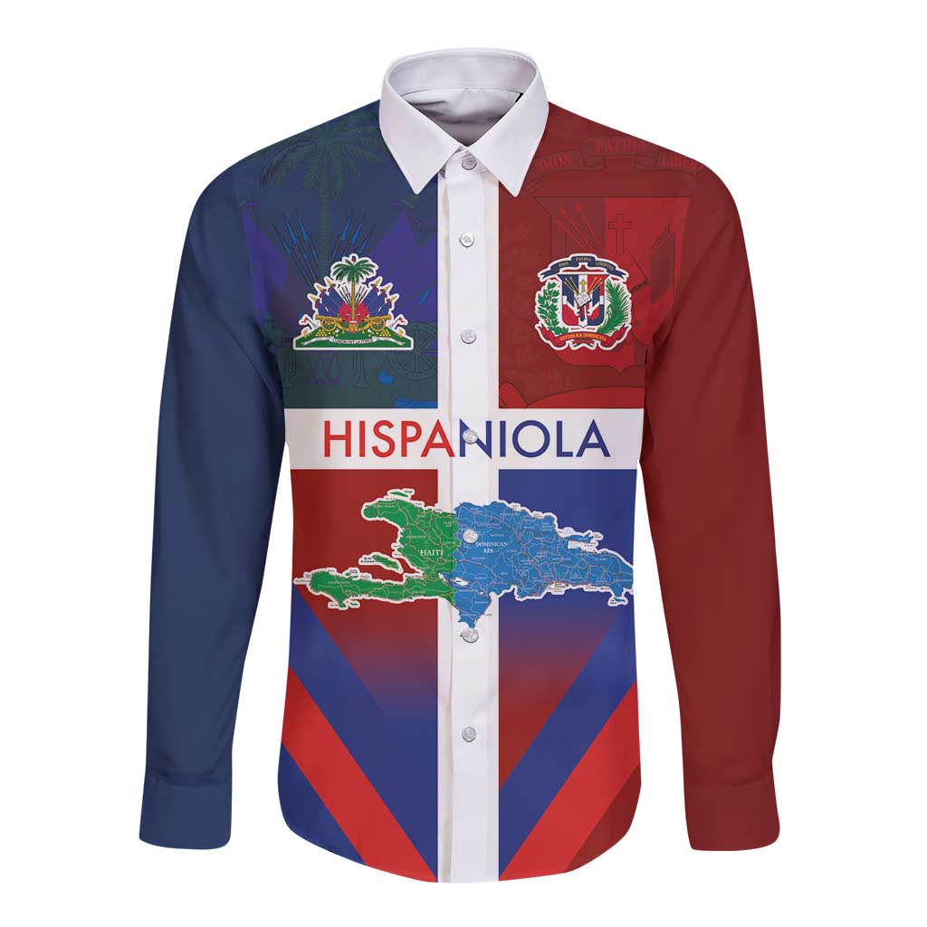 Haiti and Dominican Republic Long Sleeve Button Shirt Hispaniola with Emblems and Flag Style