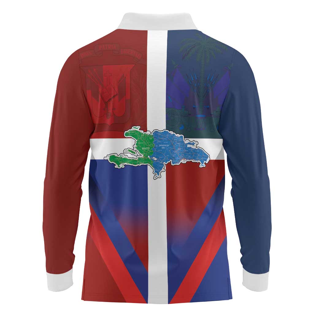 Haiti and Dominican Republic Long Sleeve Polo Shirt Hispaniola with Emblems and Flag Style