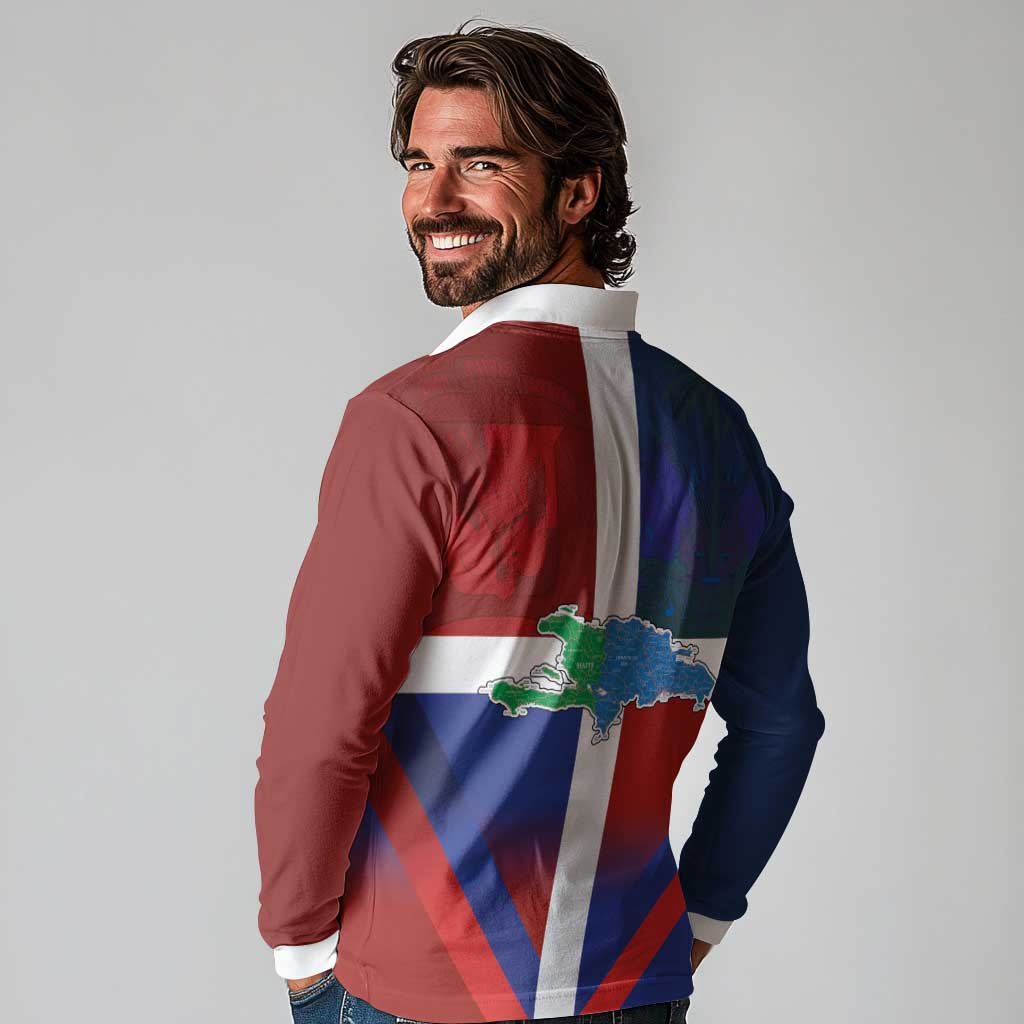 Haiti and Dominican Republic Long Sleeve Polo Shirt Hispaniola with Emblems and Flag Style