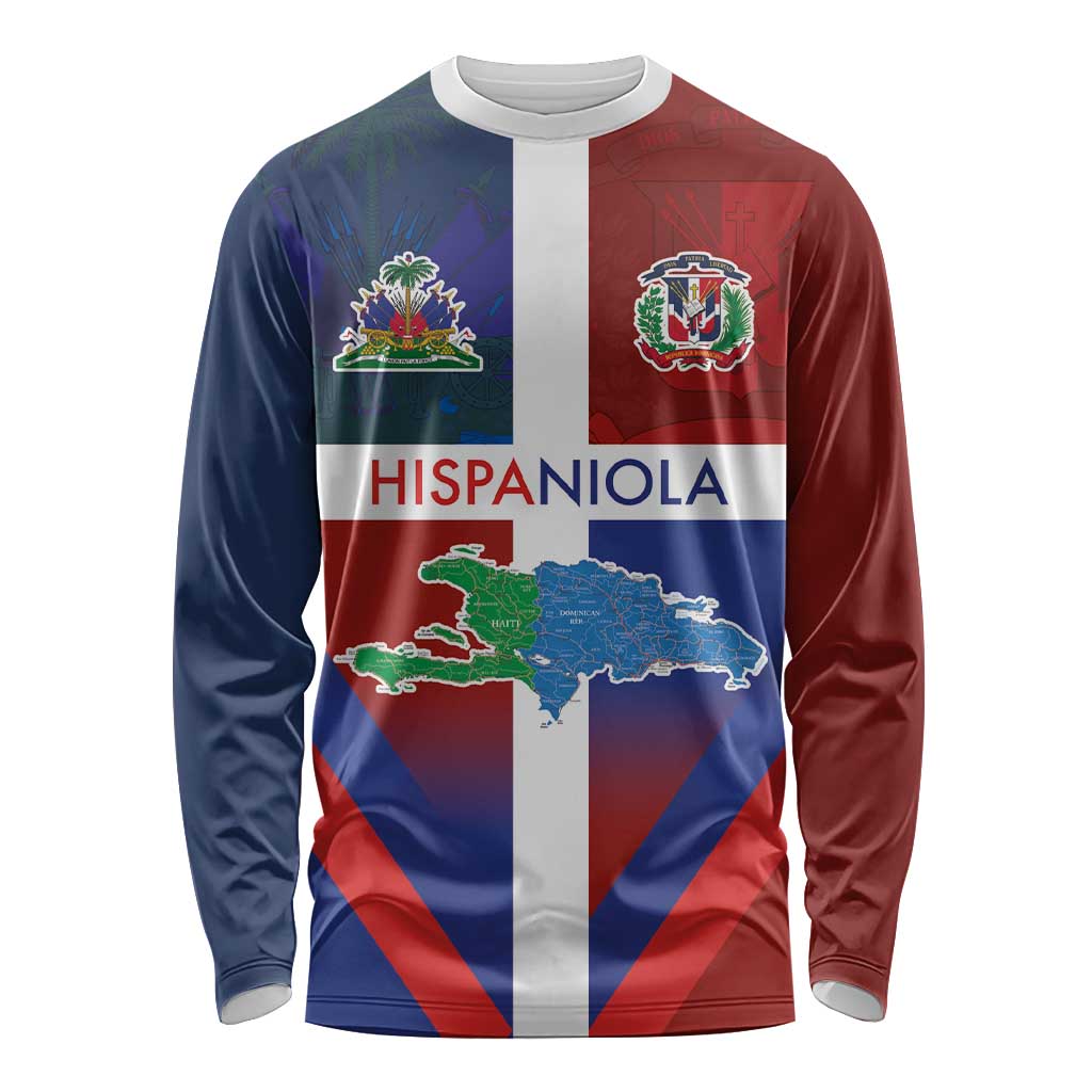 Haiti and Dominican Republic Long Sleeve Shirt Hispaniola with Emblems and Flag Style